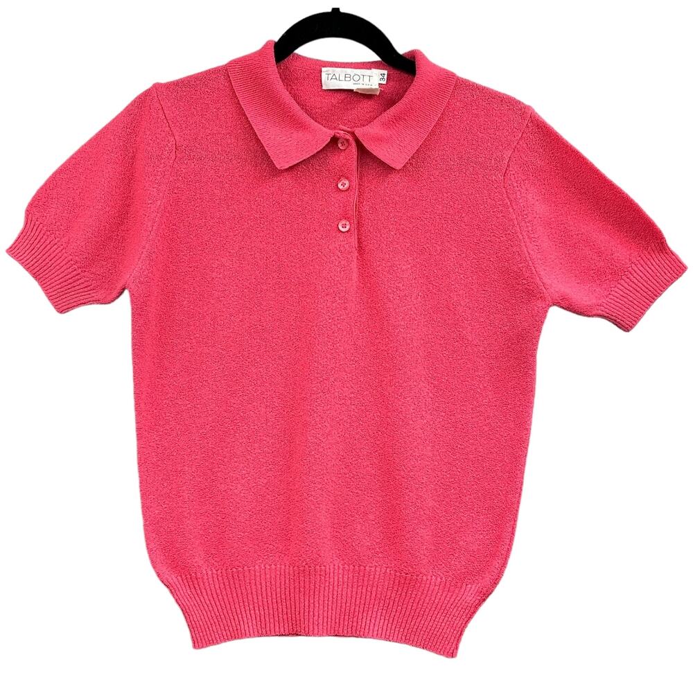 VTG Talbott Knit Top Womens 34 Pink Short Sleeve Polo Preppy 60s 70s MCM Easter
